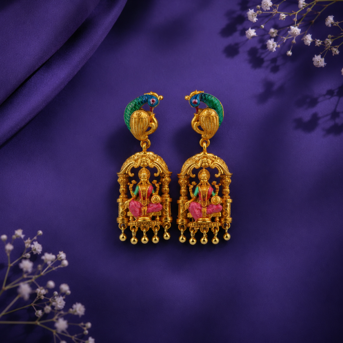 Divine Peacock & Lakshmi Arch Gold-Plated 925 Silver Drops