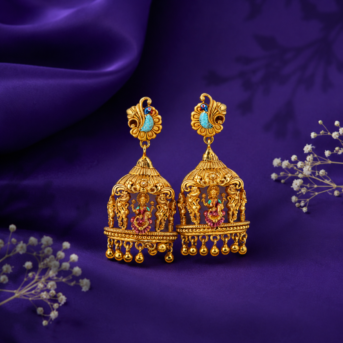 Divine Lakshmi Peacock Cage Gold-Plated 925 Silver Drops