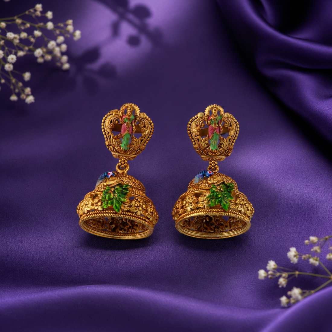 Royal Krishna & Peacock Enamel Gold-Plated 925 Silver Jhumkas
