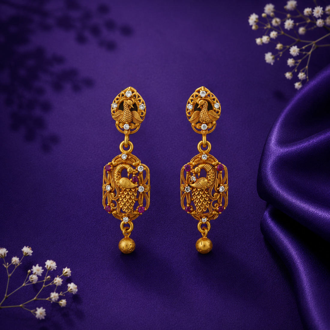Imperial Peacock Nakshi Rectangular 925 Silver Drops