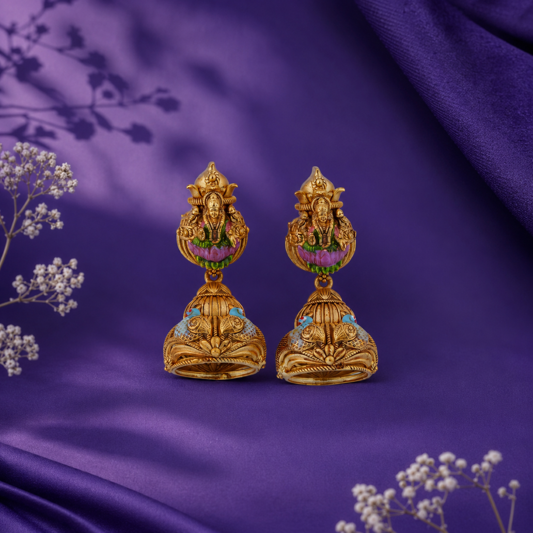 Divine Ganesha & Twin Peacock Gold-Plated 925 Silver Jhumkas
