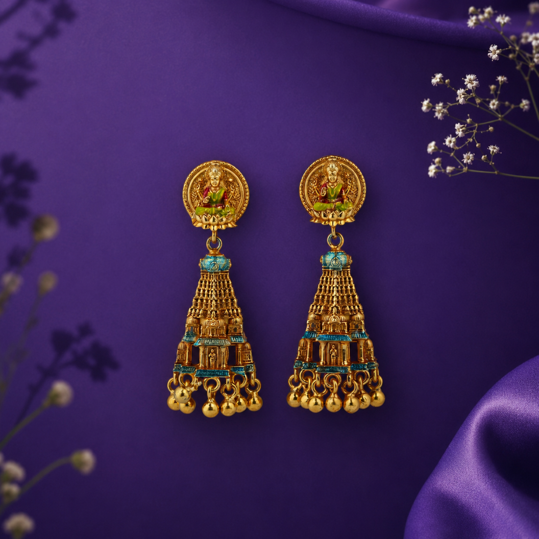 Heritage Lakshmi Tower Grid Gold-Plated 925 Silver Drops