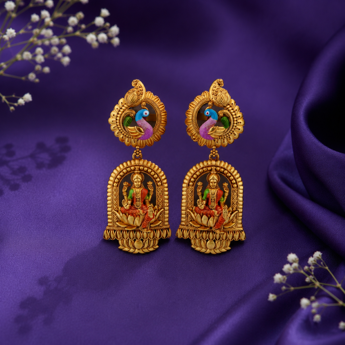 Imperial Peacock Stud Lakshmi Shrine Gold-Plated 925 Silver Drops