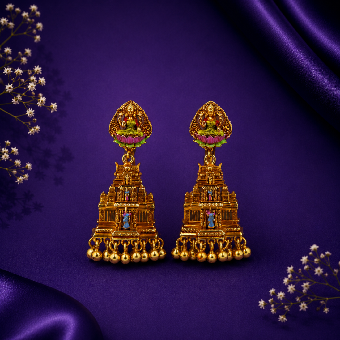 Divine Temple Gopuram & Lakshmi Gold-Plated 925 Silver Drops