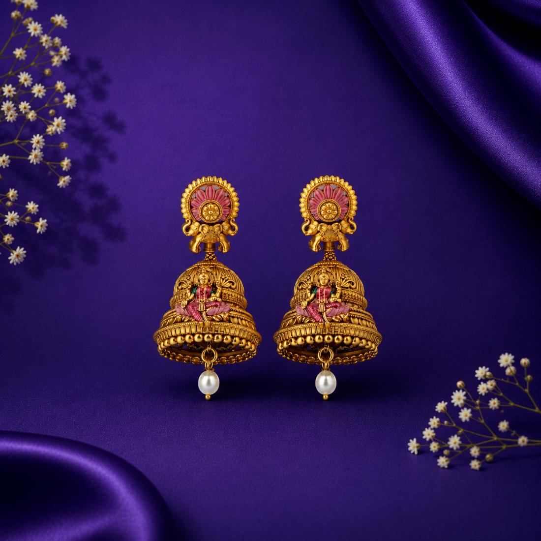 Divine Royal Elephant & Lakshmi Gold-Plated 925 Silver Jhumkas