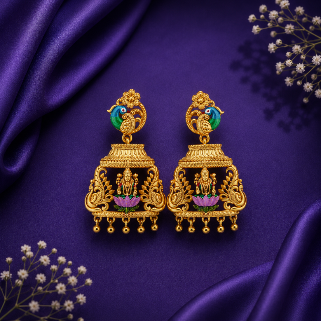 Divine Peacock Stud Lakshmi Cage Gold-Plated 925 Silver Drops