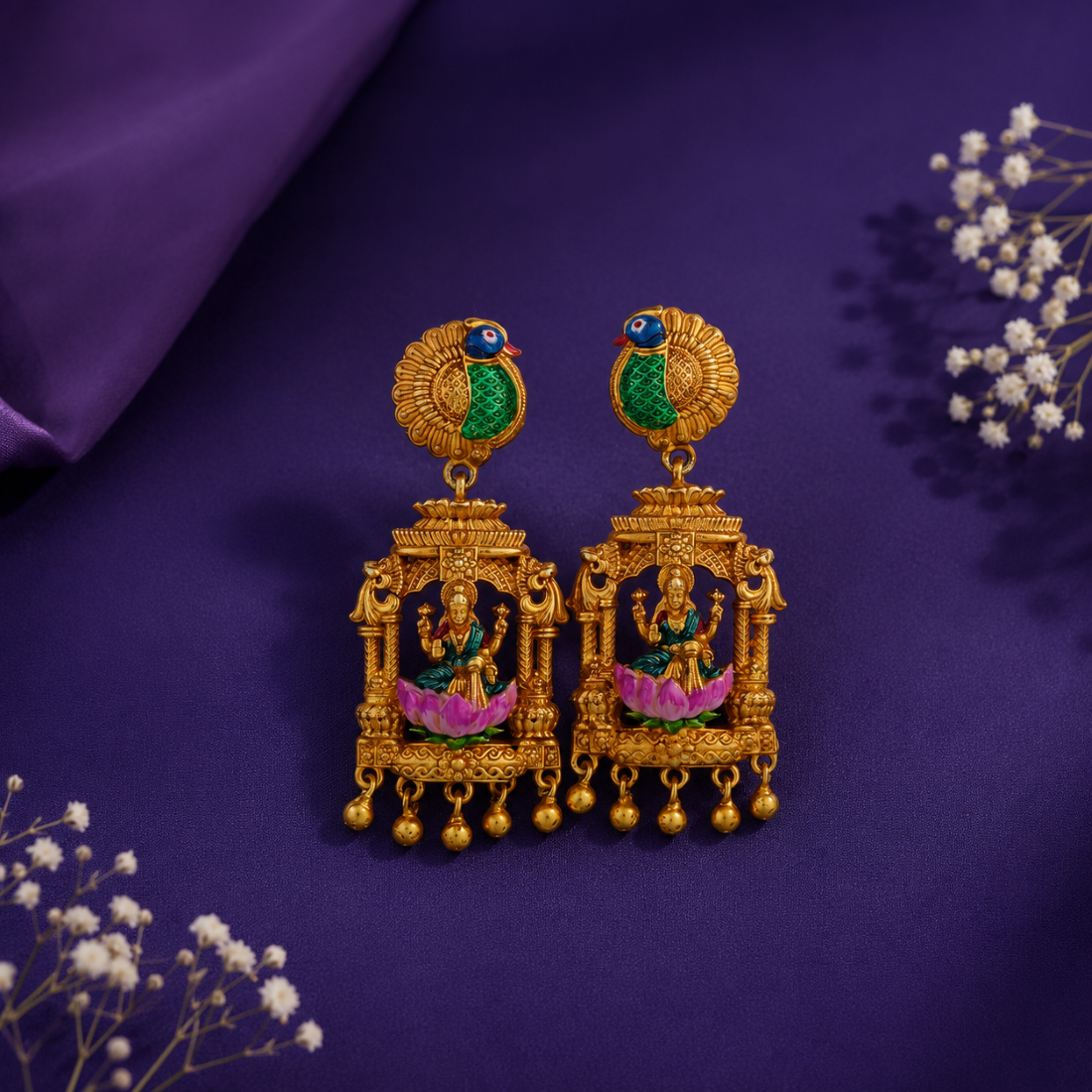 Imperial Peacock Stud Lakshmi Mandap Gold-Plated 925 Silver Drops
