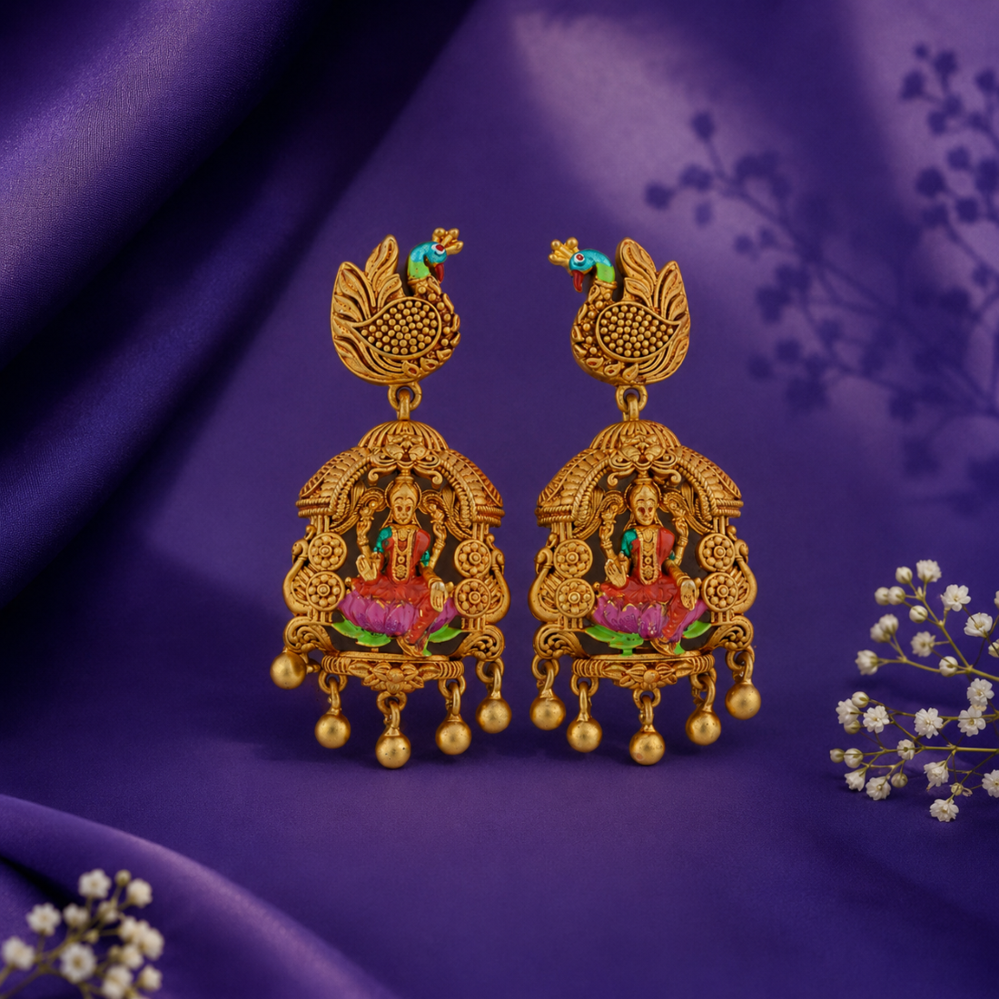 Divine Peacock & Lakshmi Arch Gold-Plated 925 Silver Drops