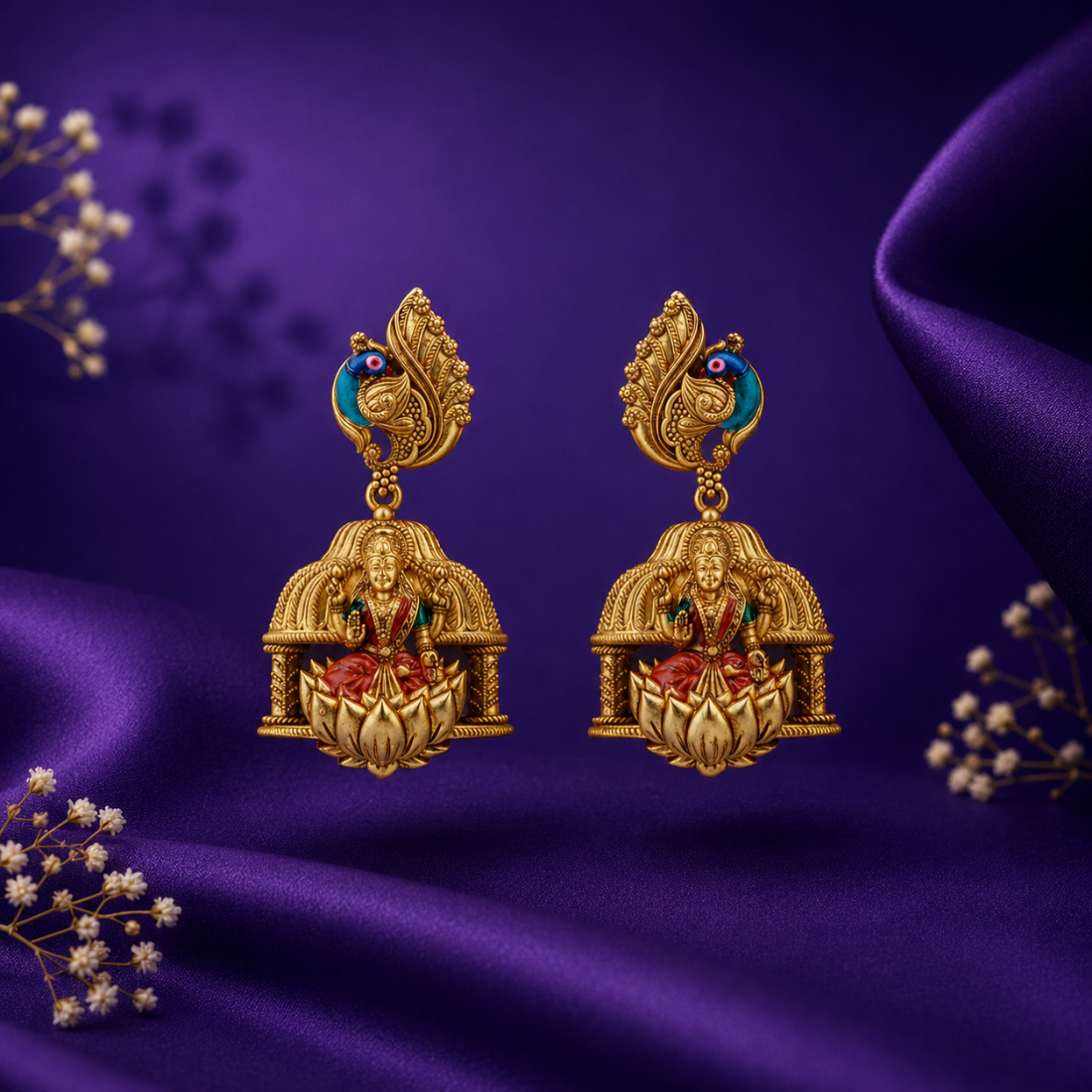 Imperial Peacock & Lakshmi Mandap Gold-Plated 925 Silver Drops