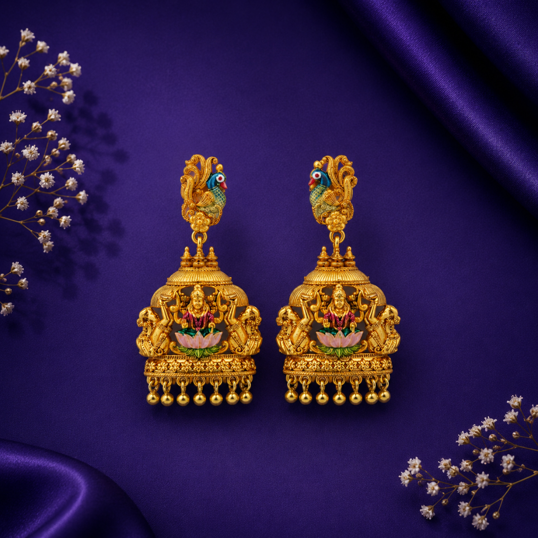 Divine Gaja Lakshmi Peacock Heritage 925 Silver Drops