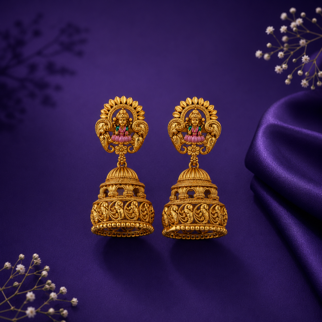 Imperial Lakshmi Peacock Nakshi Gold-Plated 925 Silver Jhumkas