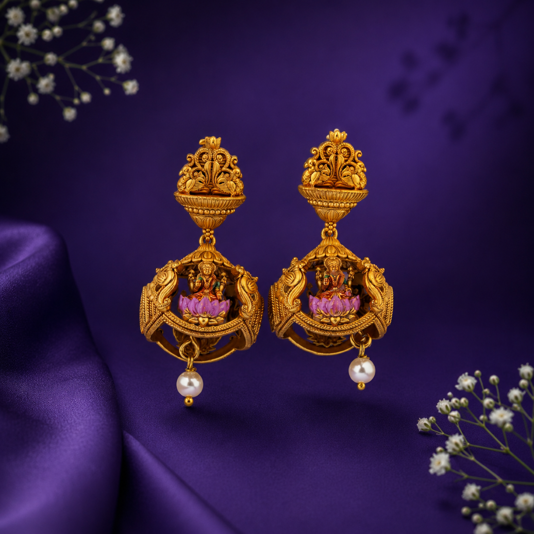Divine Lakshmi Lotus Cage Gold-Plated 925 Silver Jhumkas
