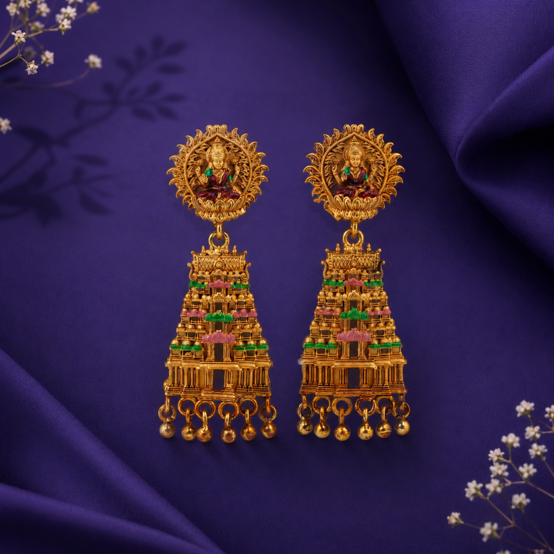 Imperial Lakshmi Gopuram Multicolored Gold-Plated 925 Silver Drops