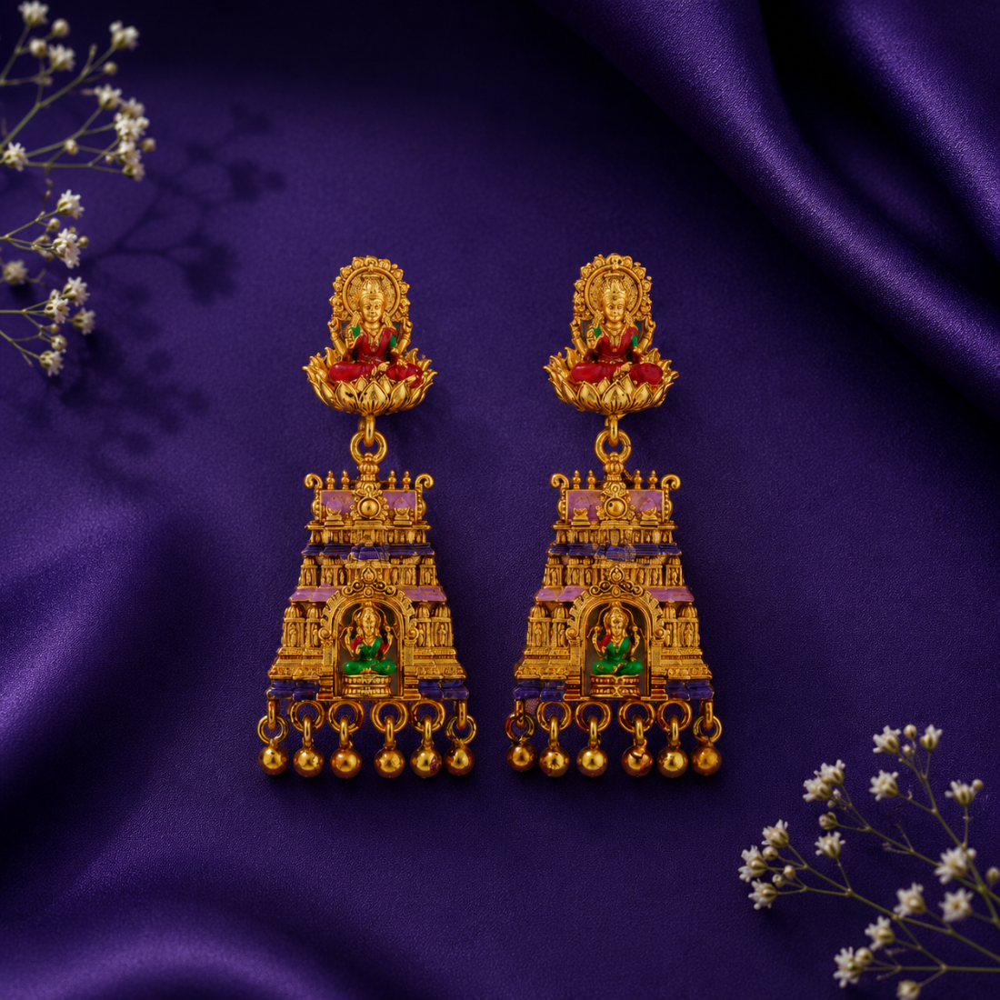 Imperial Lakshmi Gopuram Heritage Gold-Plated 925 Silver Drops