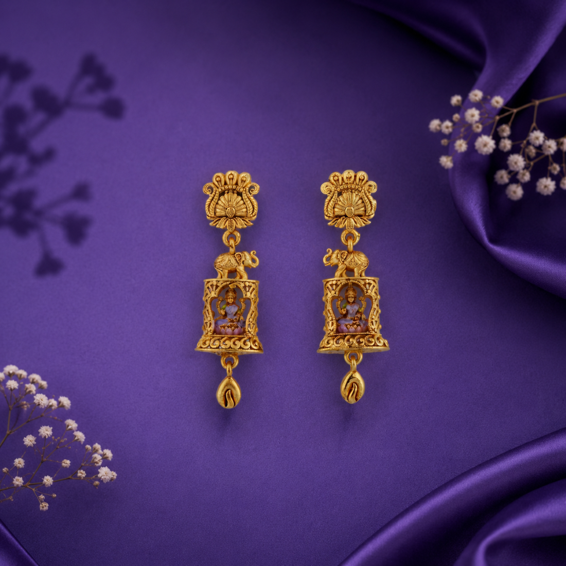 Divine Royal Elephant & Lakshmi Gold-Plated 925 Silver Drops