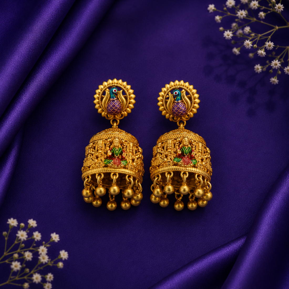Imperial Peacock Stud Ashta Lakshmi Gold-Plated 925 Silver Jhumkas
