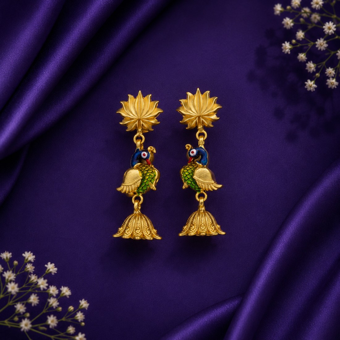 Royal Peacock & Blooming Lotus Gold-Plated 925 Silver Drops